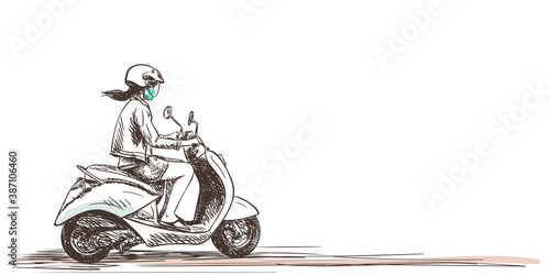 Asian woman in medical face mask riding scooter Vector drawing, People at coronavirus pandemic sketch, Hand drawn illustration isolated on white background with space for text