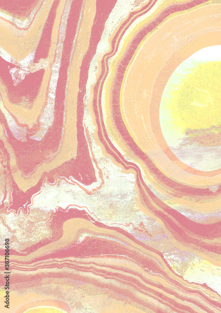 Fototapeta premium Pastel pink orange yellow liquid geode marble painted background texture