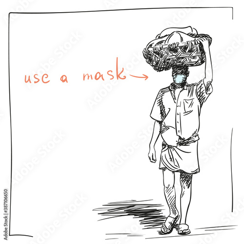 Indian man in medical face mask, in lungi and loose shirt carries wicker basket on his head, Use a mask banner, Coronavirus pandemic people sketch. Hand drawn illustration isolated white background