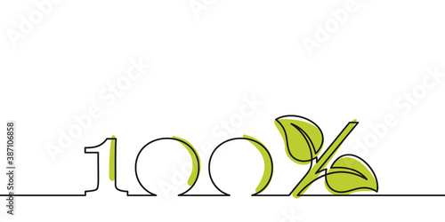 Continuous line drawing 100% with growing sprout instead of percent sign. Leaves grow seedling eco natural farm green energy organic design. Minimalist contour vector single thin line