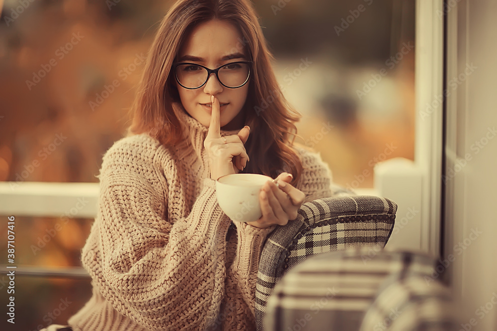 happy girl autumn cafe sweater concept vision model with glasses posing - obrazy, fototapety, plakaty 