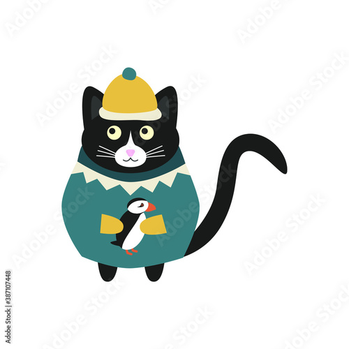 Сute icelandic black cat in a yellow cap, green sweater and a puffin in his paws. Doodle flat illustration vector.