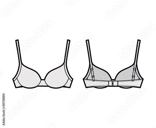 Bra contour molded cup lingerie technical fashion illustration with adjustable shoulder straps, hook-and-eye closure. Flat template front, back grey color style. Women men unisex underwear CAD mockup