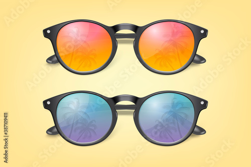 Vector 3d Realistic Plastic Round Black Rimmed Eye Sunglasses with Reflection of Palm Trees. Closeup. Women, Men, Unisex Accessory. Design Template. Summer Concept. Top View