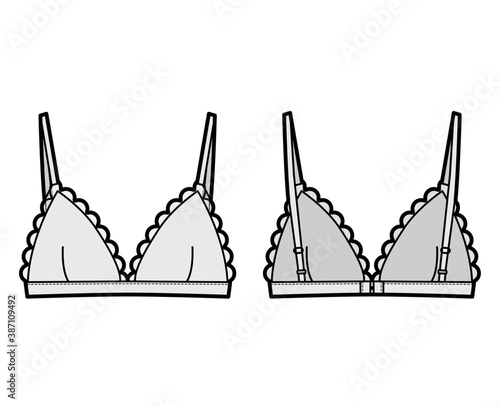 Triangle Bra lingerie technical fashion illustration with adjustable straps, hook-and-eye closure, scalloped cups. Flat brassiere template front, back grey color style. Women men underwear CAD mockup
