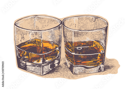 Whiskey in two glasses. engraved retro style. vector illustration