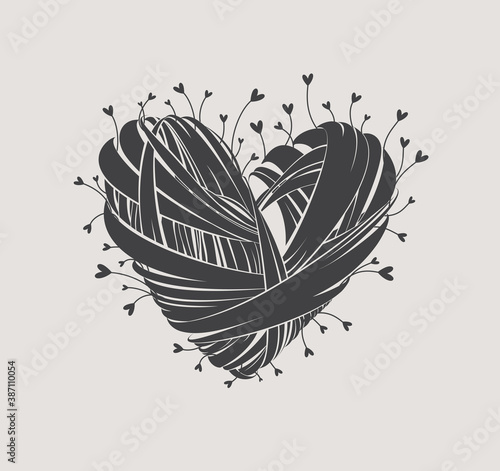 Abstract background with artistic heart from strips of fabric. Vector illustration.
