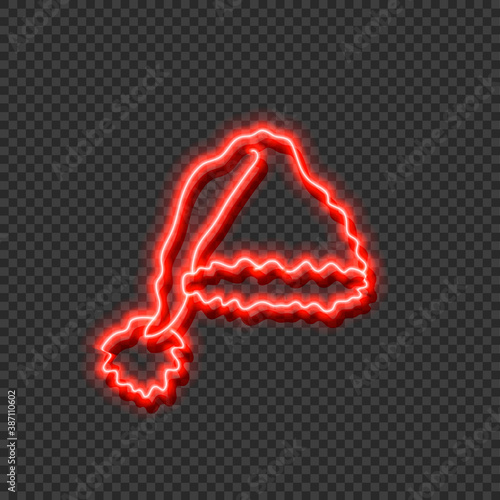 Vector Neon Red Glow Chritstmas Santas Hat Isolated on Dark Transparent Background, Colorful Illustration, Bright Light.