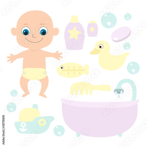 An infant or newborn baby in a diaper and a set of items for bathing: a comb, shampoo, a thermometer for water, a duck, a boat and soap. Cartoon flat style in pastel blue, yellow and lavender colors.