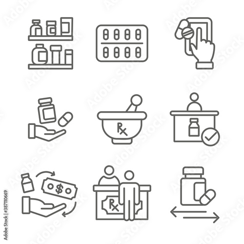 Pharmaceuticals and medication icon set with mortar and pestle, pharmacy, otc