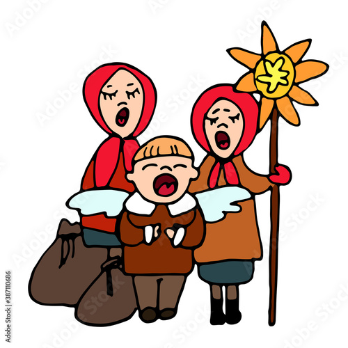Children a boy in an angel costume and two girls sing a Christmas carol or generosity song. Ukrainian traditions. Hand-drawn vector color doodle sketch isolated on white background.