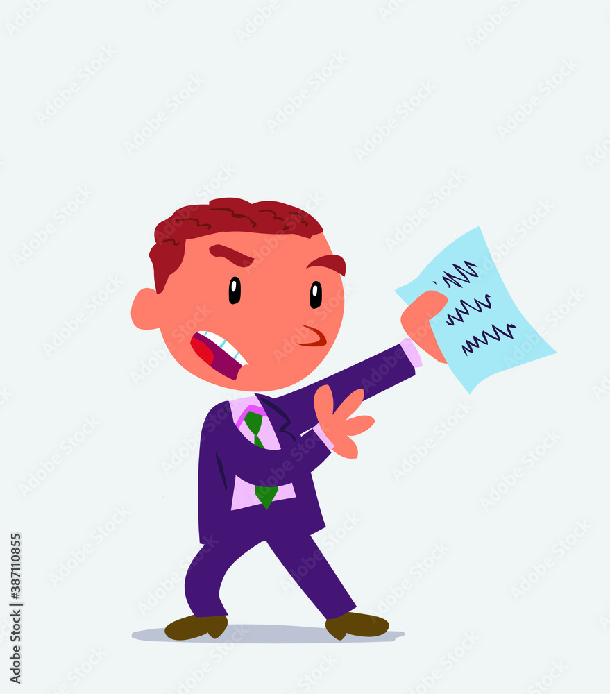  cartoon character of businessman arguing effusively with document in hand.