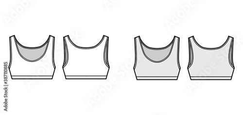 Sport Bra lingerie top technical fashion illustration with wide shoulder straps. Flat brassiere template front, back white, grey color style. Women men unisex athletic stretch underwear CAD mockup
