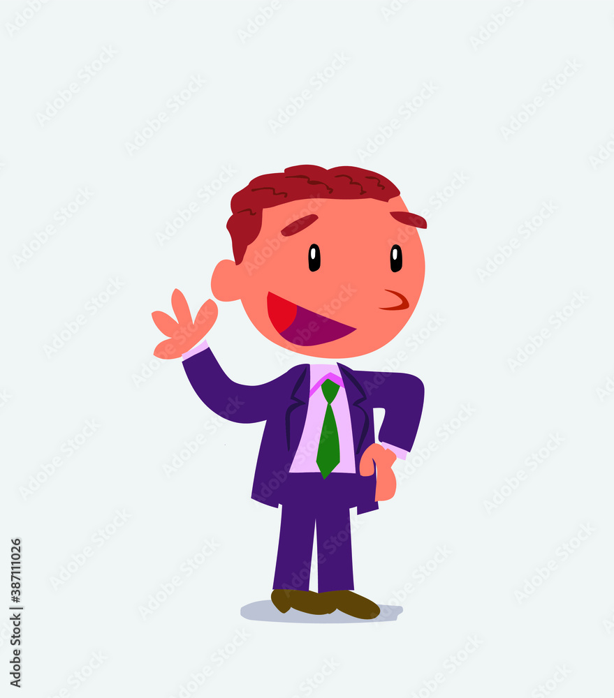 Cartoon character of businessman waving happily.