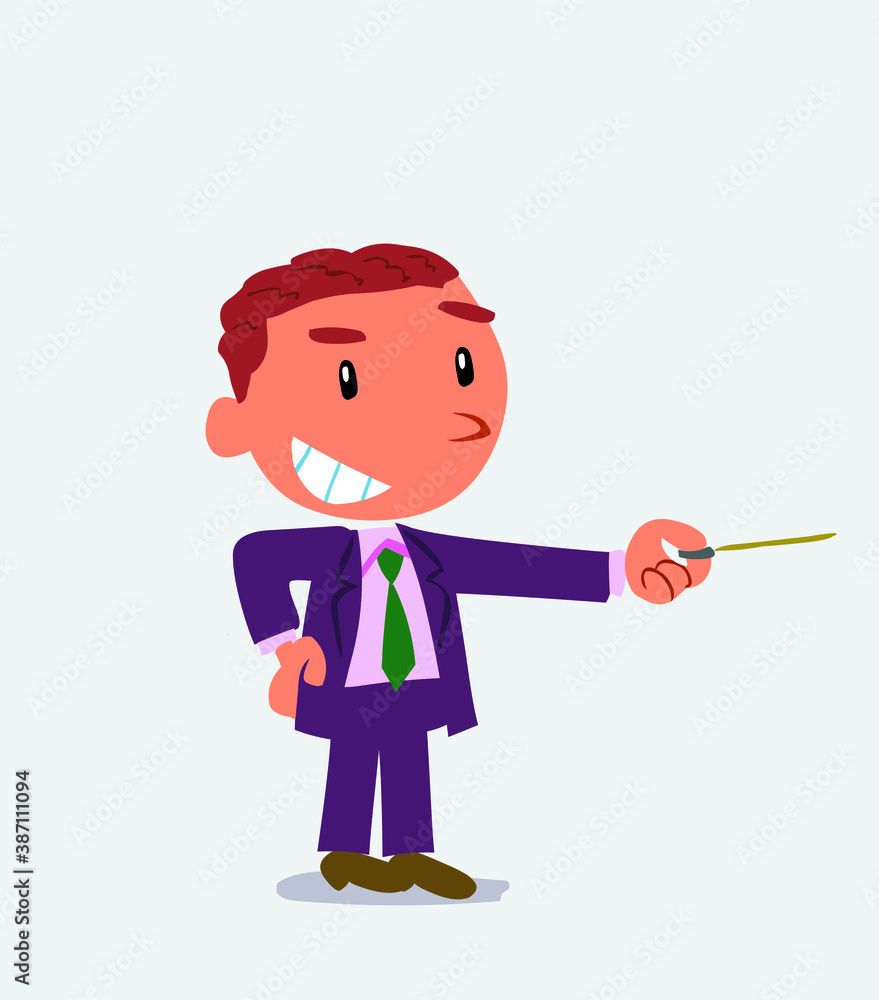 happy cartoon character of businessman points with pointer to the side. happy cartoon character of businessman points with pointer to the side.