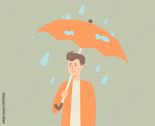 Man with umbrella in rainy season, Health care concept and Rainy concept, Flat character design	