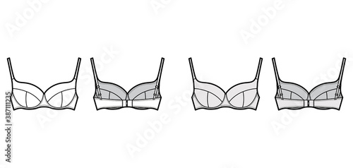 Bra lingerie technical fashion illustration with full adjustable shoulder straps, molded cups, hook-and-eye closure. Flat brassiere front, back white color style. Women men unisex underwear CAD mockup