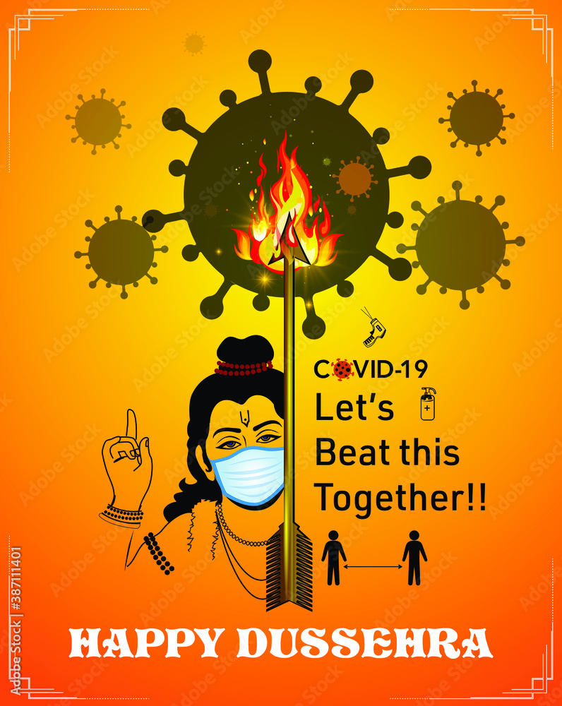 Happy Dussehra, Vijayadashami festival of India background, idea, Lord  Rama, arrow and bow with fire flame, Coronavirus, covid-19, safety face mask  and Hindi text Happy Dussehra Celebration Stock Vector | Adobe Stock