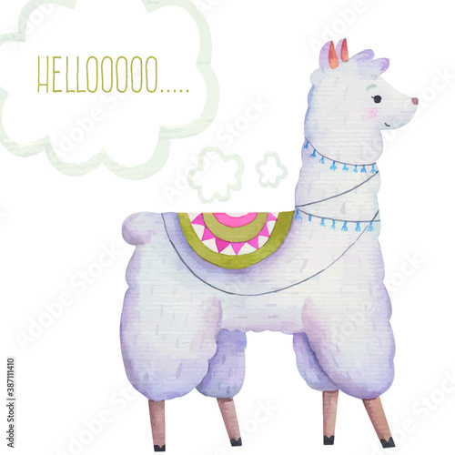 cute invitation card, alpaca, lama says hello, kids illustration, design, room decor, print