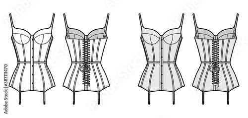 Corselette bustier Marry Widow lingerie technical fashion illustration with molded cup, back laced, attached garters. Flat template front, back white color style. Women men unisex underwear CAD mockup