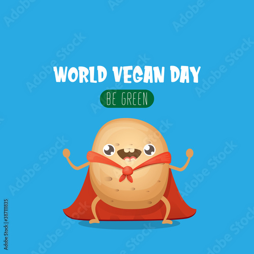 World vegan day banner or greeting card with cflying super hero potato with red hero cape on blue sky background. Super vegetable kawaii food funky character