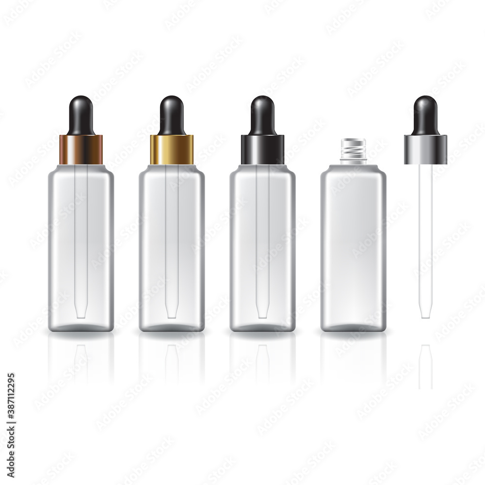 4 cap colors clear square cosmetic bottle with black dropper lid for beauty or healthy product. 4 cap colors clear square cosmetic bottle with black dropper lid for beauty or healthy product.