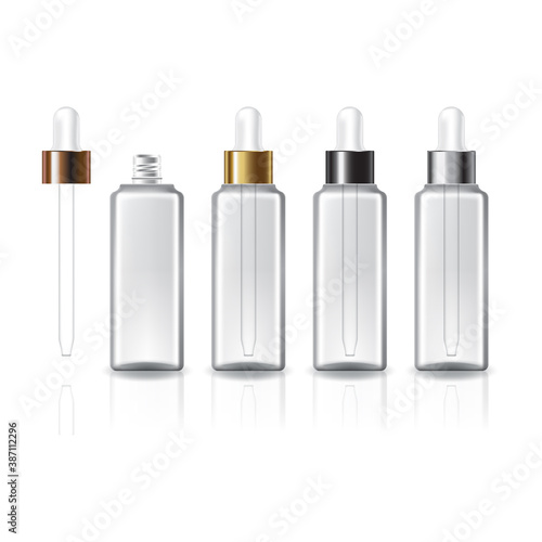 4 cap colors clear square cosmetic bottle with white dropper for beauty or healthy product.