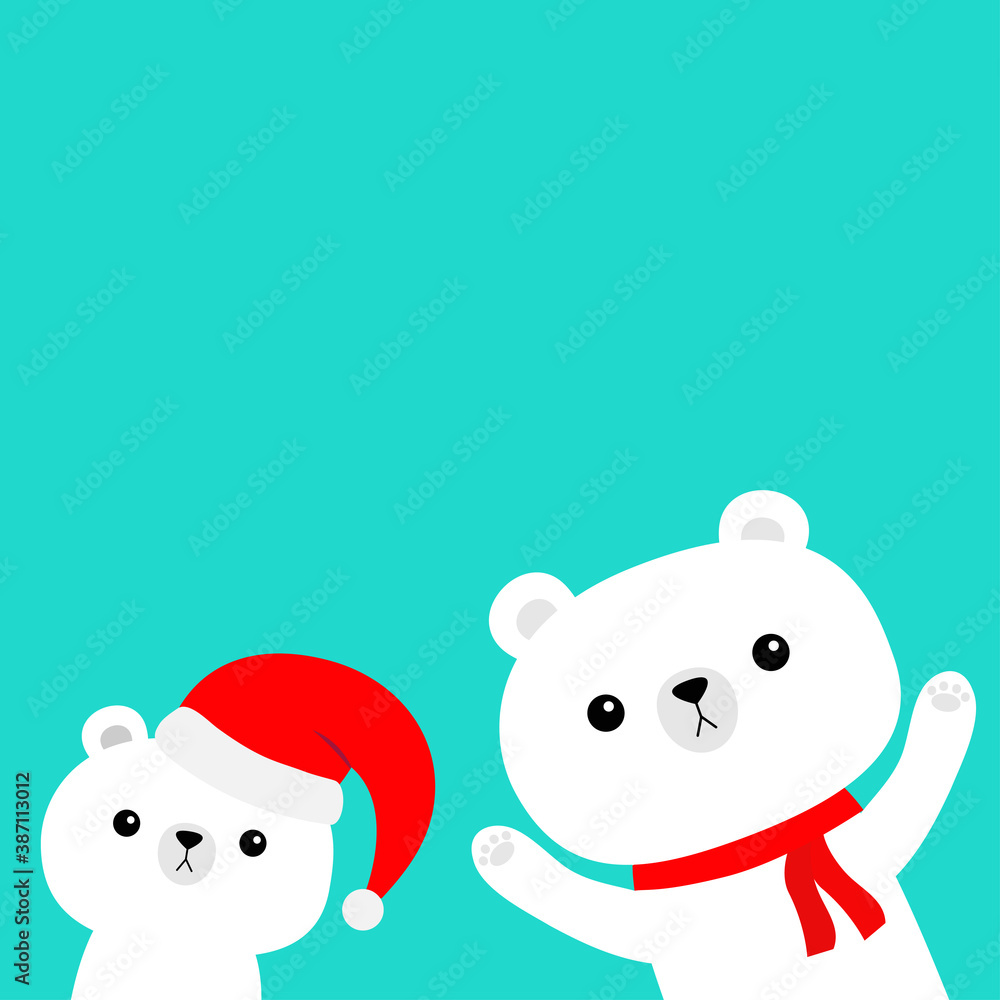 Fototapeta premium Polar white bear set. Red Santa Claus hat, scarf. Merry Christmas. Cute cartoon kawaii baby character. Happy New Year. Arctic animal. Hello winter. Flat design. Blue background.