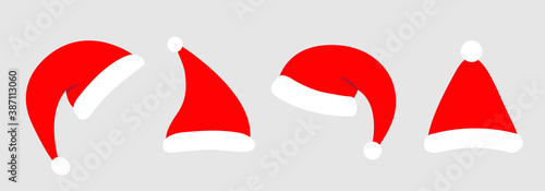 Santa hat icon set line. Red Santa Claus hats cap. Merry Christmas New Year xmas template. Cute cartoon template for greeting cards, invitation. Flat design. Isolated. White background. photo