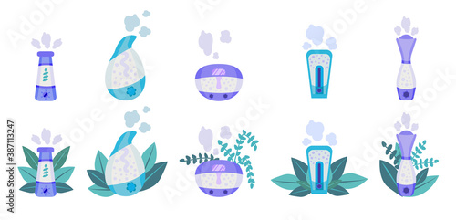 Set of Home humidifier for room.Healthy humidifiers vector icons for web design isolated  a white background.Concept of an air purifier device surrounded by leaves.Vector illustration in flat style.