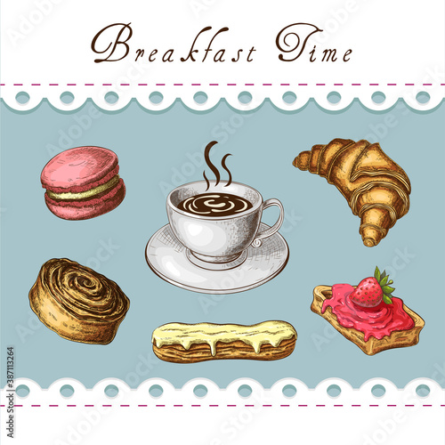 sweet breakfast vector illustration. vintage style. coffee and sweet desserts cute color sketch. trendy meal in cafe. breakfast time, coffee break with sweets. french croissant, belgian waffle, coffee