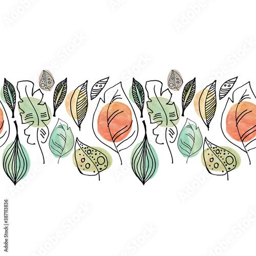 Seamless linear pattern with abstract leaves ornament linewatercolor and graphics drawn with hands photo
