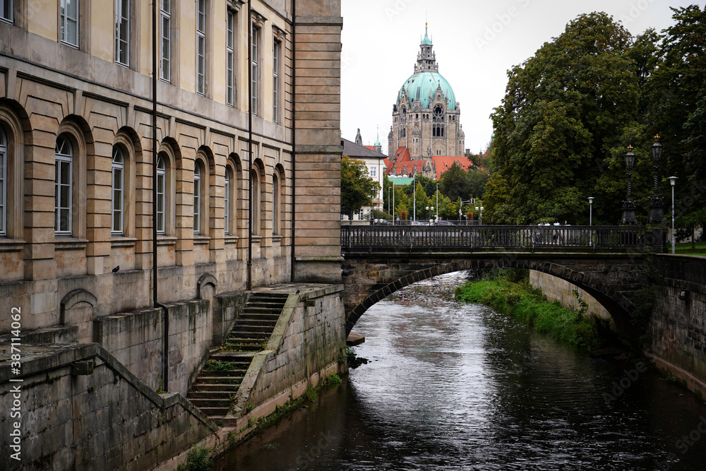 Hannover City Townhall Leine River. High quality photo