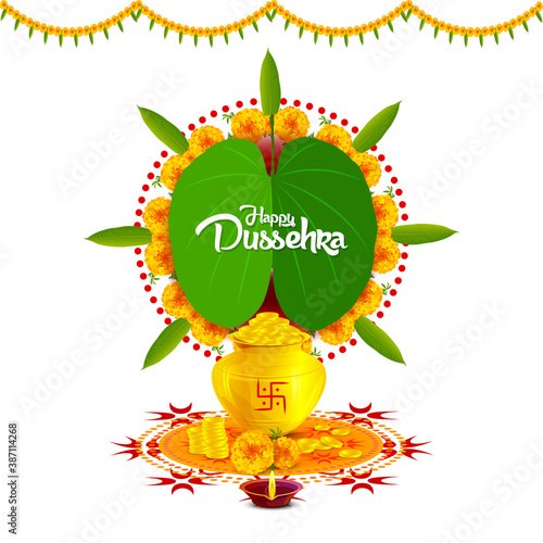 Happy Dussehra. Happy Dussehra Illustration having flowers, leaves, diya. Well decorated on plain background.
