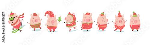 Set of cheerful and cute piglets for decoration of holiday prints.  Christmas pigs in a red suit.