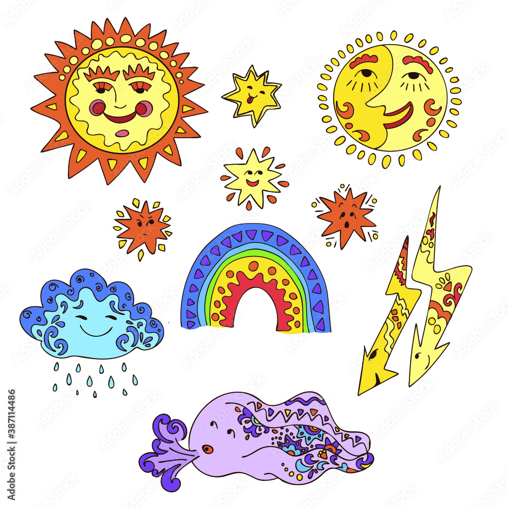 sun, moon, month, stars, rainbows, lightning, cloud with rain, wind ...
