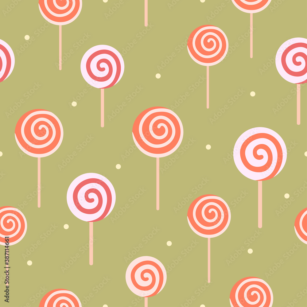 White, orange and pink lollipops with light dots on calm green background. Seamless doodle tasty pattern. Suitable for wrapping paper, wallpaper.