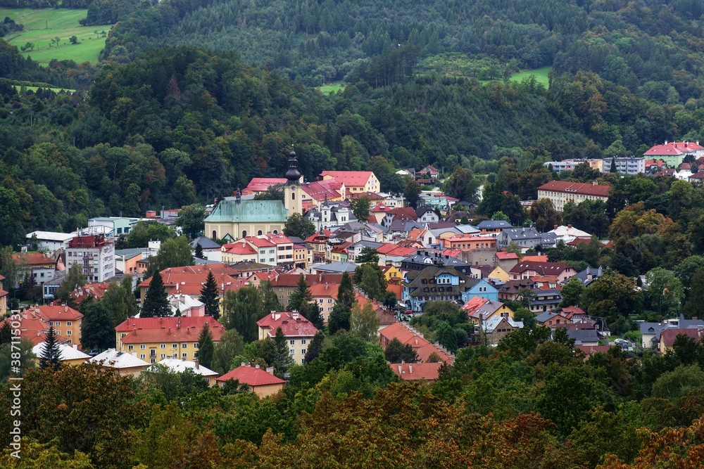 Roznov under Radhost. View of the city center from the Jurkovic lookout tower. Czech Republic. Europe. 