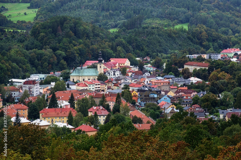 Fototapeta premium Roznov under Radhost. View of the city center from the Jurkovic lookout tower. Czech Republic. Europe. 