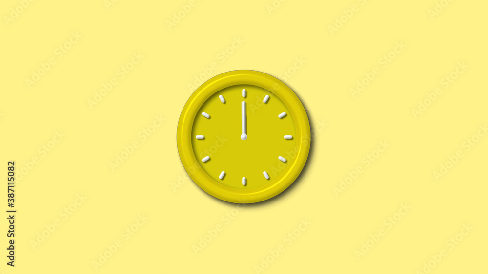 12 Hours yellow color 3d wall clock isolated on yellow light background, 3d wall clock 12 Hours yellow color 3d wall clock isolated on yellow light background, 3d wall clock
