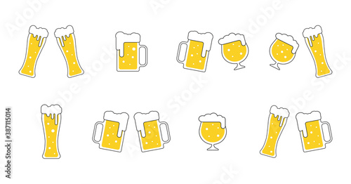 Beer icons set with different beer mugs vector illustration isolated. Icons for pub bar or Oktoberfest menu in flat style