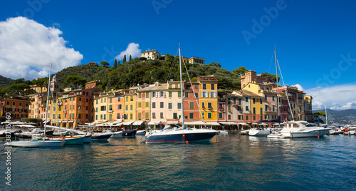 PORTOFINO, ITALY, SEPTEMBER 1, 2020 - View of Portofino, an Italian fishing village, Genoa province, Italy. A famous tourist place with a picturesque harbour and colorful houses.