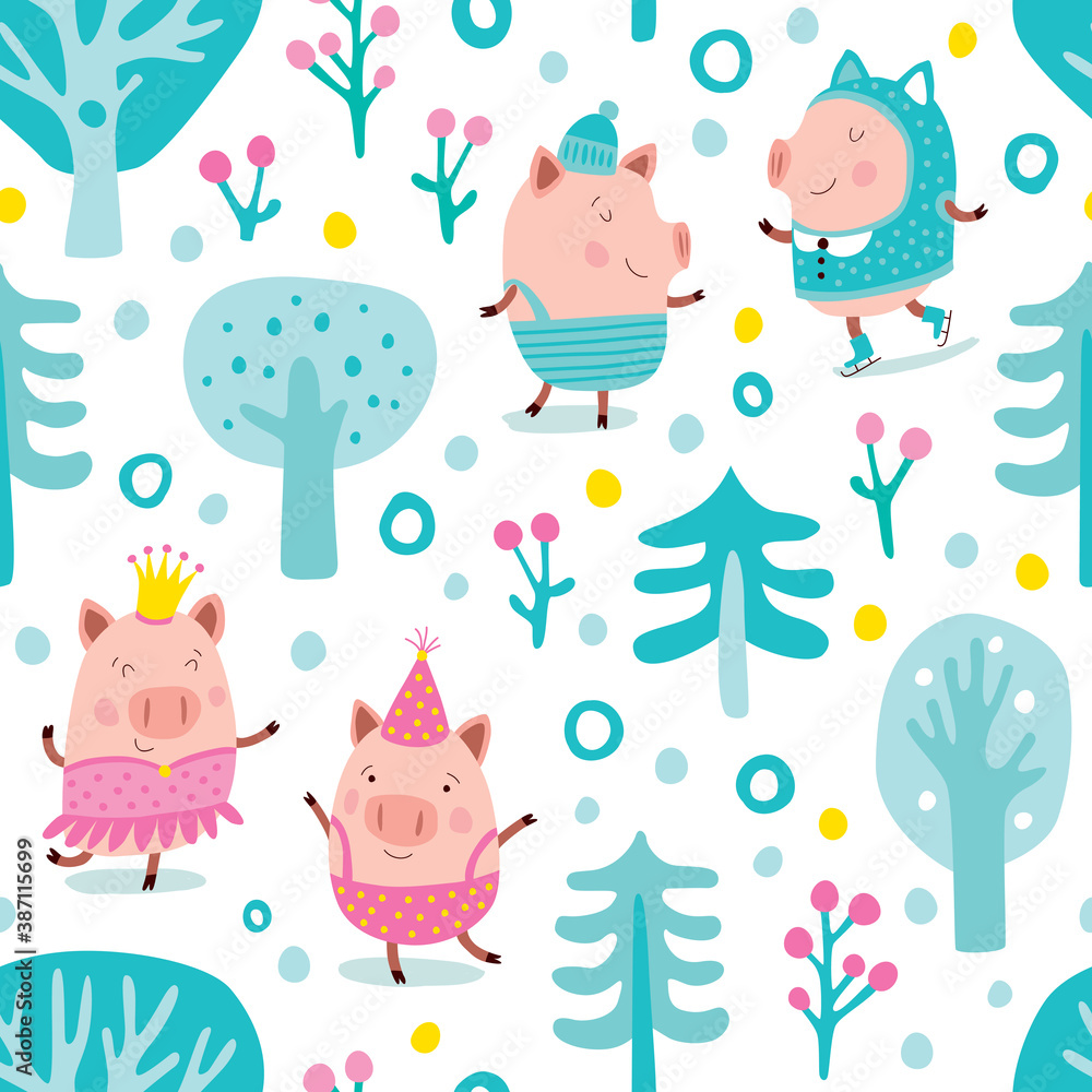 Simple Christmas pattern with trees and cute pigs. Simple Christmas pattern with trees and cute pigs.