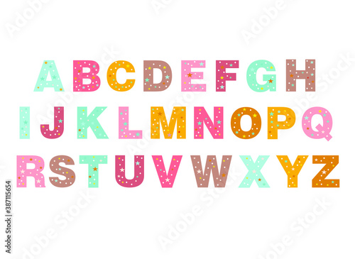 alphabet for children. Kids learning material. colored alphabet in dots and stars