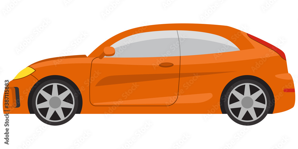 Hatchback car side view. Orange automobile in cartoon style. Hatchback car side view. Orange automobile in cartoon style.