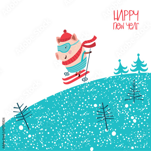 Christmas card with skiing pig.