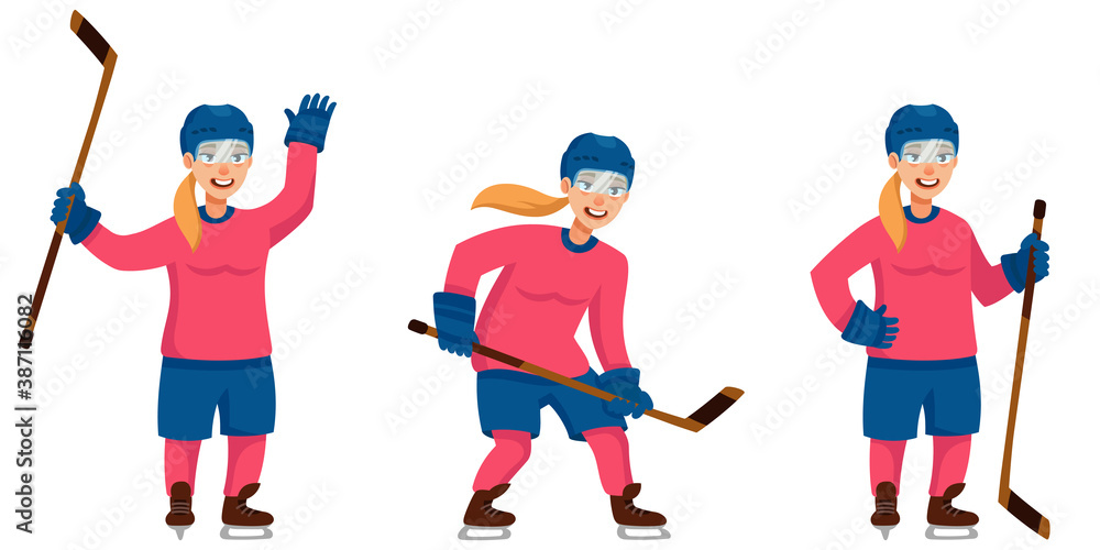 Hockey player in different poses. Female character in cartoon style.