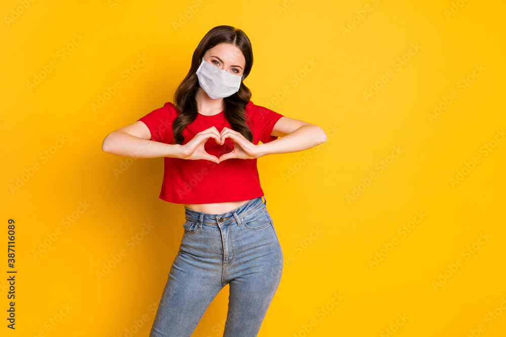 Photo of positive girl make fingers heart show passionate love sign wear mask isolated over bright shine color background
