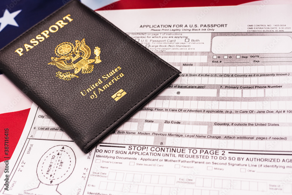 Application form to get a new American passport, patriotic flag background. Application form to get a new American passport, patriotic flag background.