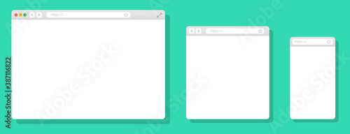 Browser mockups different devices web window mobile, laptop and tablet screen in internet. Realistic browser window. Web browser template. Flat style vector illustration.